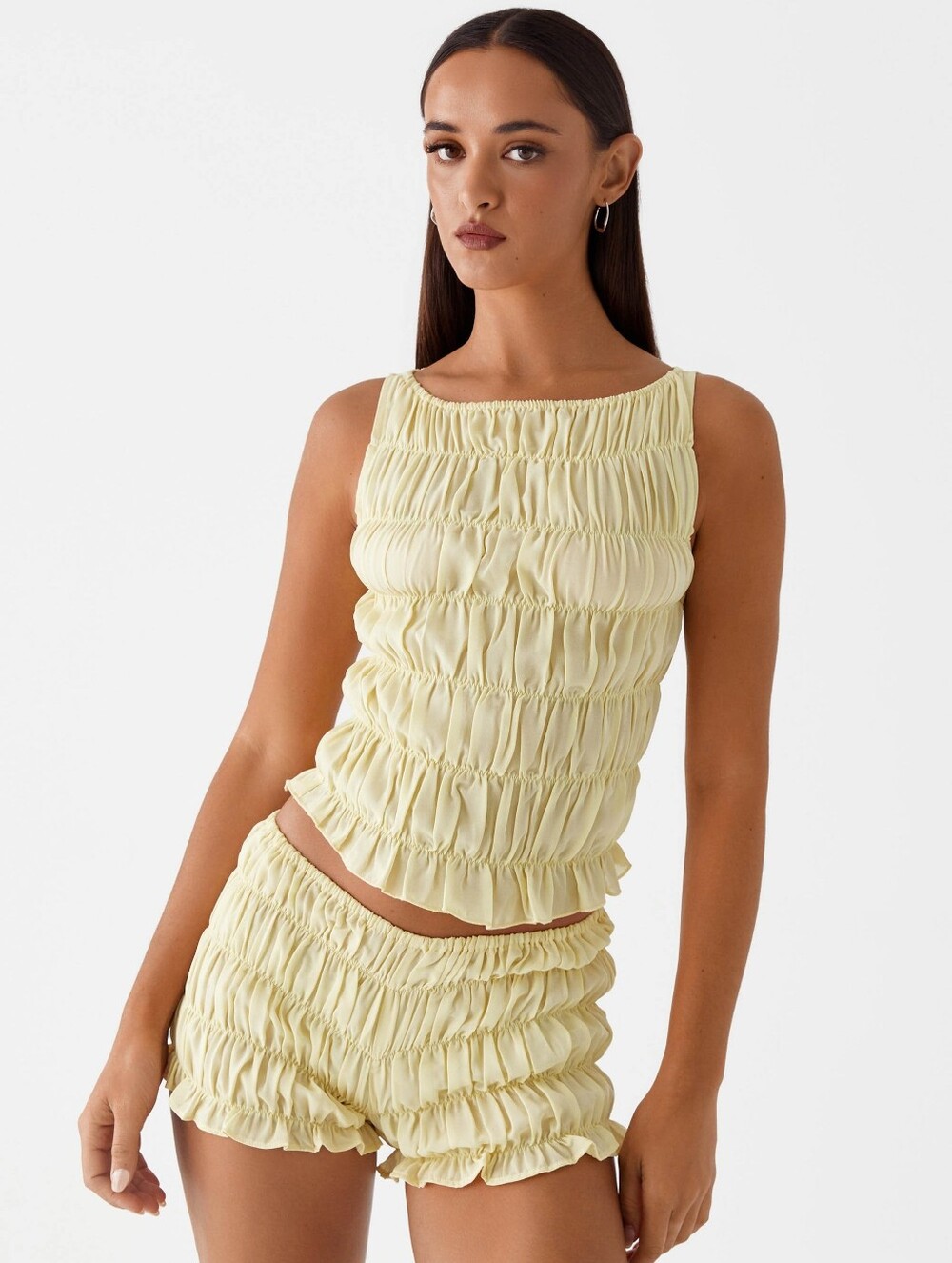 Peppermayo Pale Yellow Smocked Ruffle Mini Skort